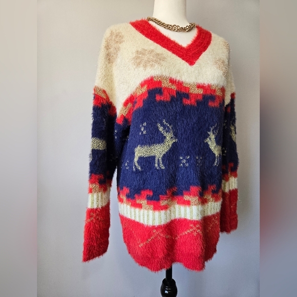 J.NNA Fuzzy Cozy Reindeer Pattern Sweater - Red, Blue, Cream. Relaxed Fit Small - Picture 2 of 10